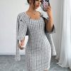 Women Black & White Plaid Black Gold Button Short Jacket & Cami Midi Dress Set