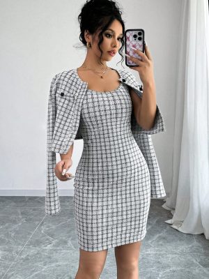 Women Black & White Plaid Black Gold Button Short Jacket & Cami Midi Dress Set