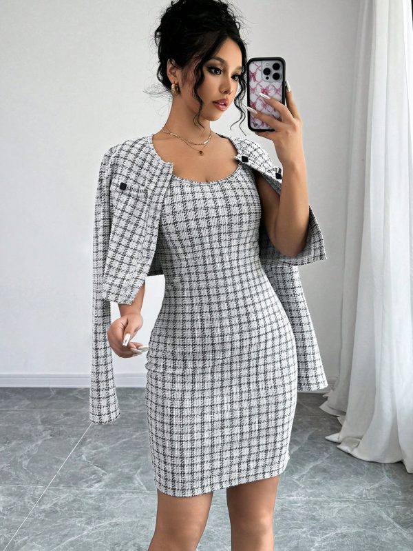 Women Black & White Plaid Black Gold Button Short Jacket & Cami Midi Dress Set