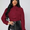 Women's Woven Solid Color Ruffle Hem Long Sleeve Blouse