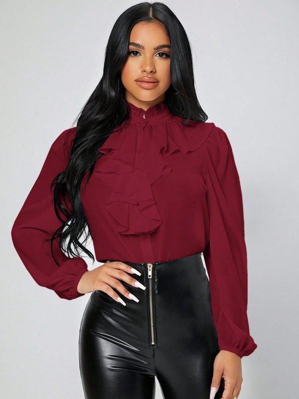 Women's Woven Solid Color Ruffle Hem Long Sleeve Blouse