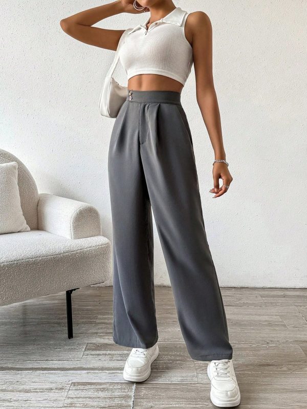 Women Plain Front Button Closure Minimalist Casual Pants, Daily Wear