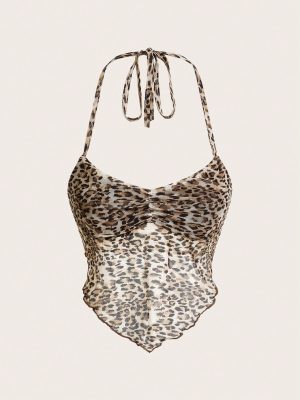 Cheetah Print Leopard Print Mesh Floral Halter Neck Asymmetric Hem Summer Sexy Camisole