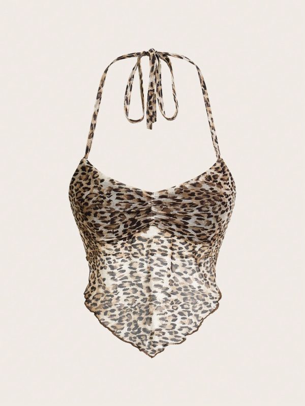 Cheetah Print Leopard Print Mesh Floral Halter Neck Asymmetric Hem Summer Sexy Camisole