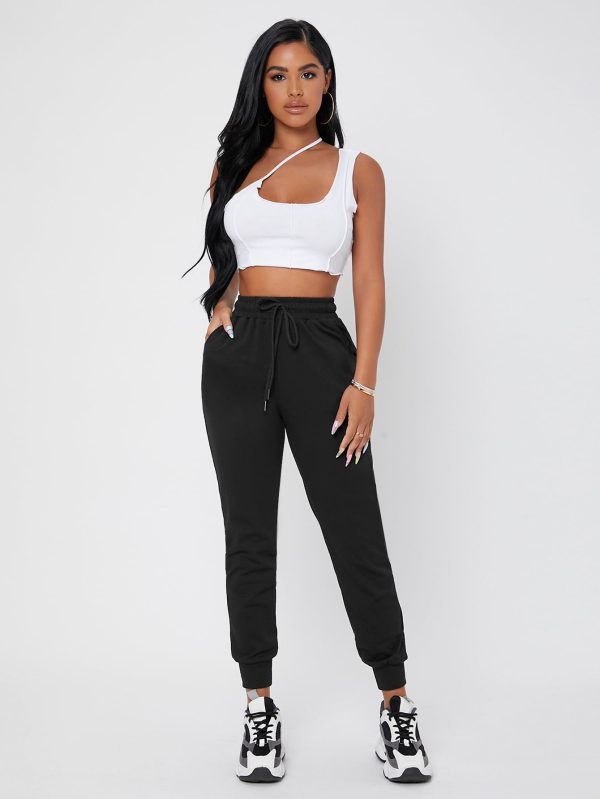Solid Drawstring Waist Black Sweatpants