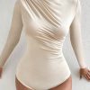 Apricot Color Turtleneck Ruched Long Sleeve Bodysuit For Women