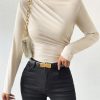 Apricot Color Turtleneck Ruched Long Sleeve Bodysuit For Women