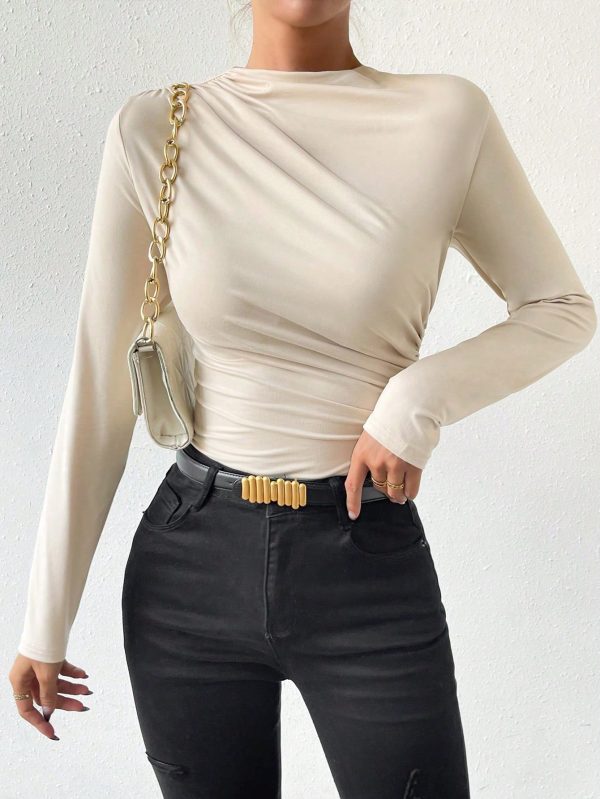 Apricot Color Turtleneck Ruched Long Sleeve Bodysuit For Women