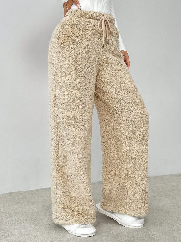 Drawstring Waist Teddy Wide Leg Pants