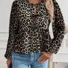 Casual Leopard Print Button Up Tie Waist Ruffle Hem Shirt For Women, Autumn/Winter