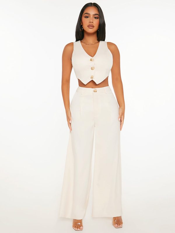 Button Front Vest Jacket & Wide Leg Pants