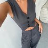 2pcs Women's Casual Solid Color Single-Breasted V-Neck Vest And Pleated Pants Set, Summer