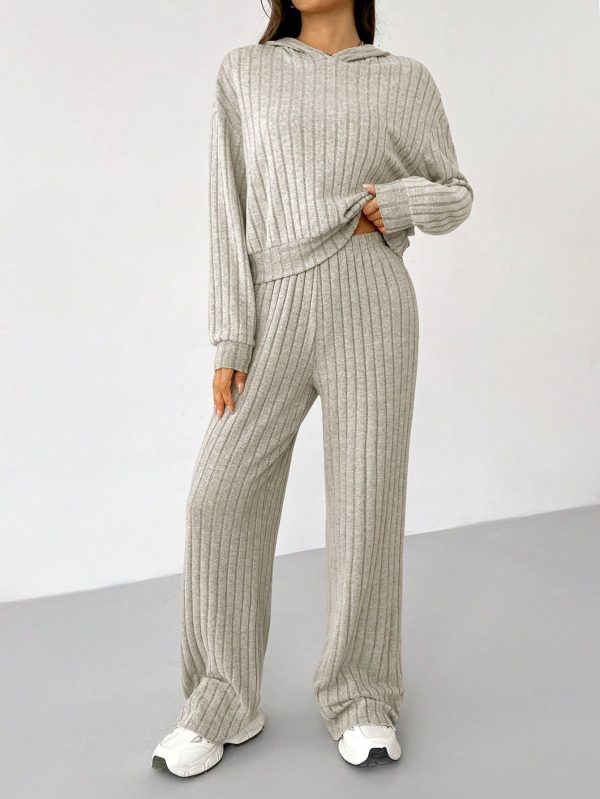 Knit Drop Shoulder Drawstring Hoodie & Pants, Fall Two Piece Outfit