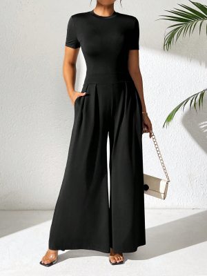 Short Sleeve Wide Leg Jumpsuit For Women, Casual And Loose-Fitting, Summer
