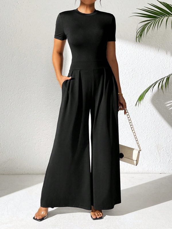 Short Sleeve Wide Leg Jumpsuit For Women, Casual And Loose-Fitting, Summer