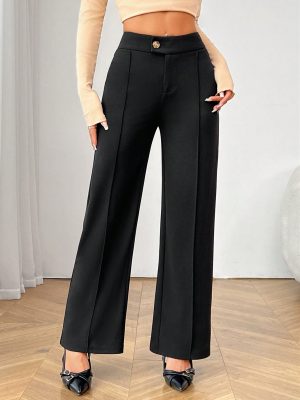 Commuting Elegant Irregular Waist Button Zipper Straight Pants Women's Black Trousers