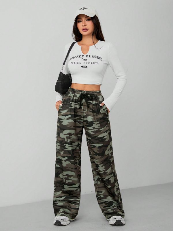 Camouflage Pattern Wide Leg Women's Trousers And Sweatpants