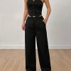 Ladies' Plain Strapless Top With Single-Breasted Button And Pants Two Piece Set