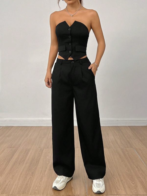 Ladies' Plain Strapless Top With Single-Breasted Button And Pants Two Piece Set