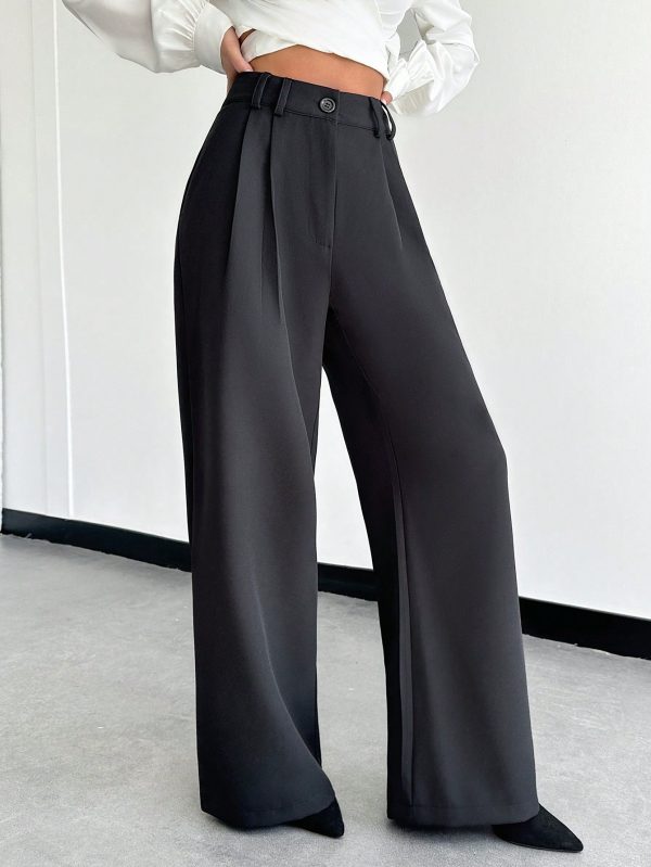 Solid Slant Pocket Wide Leg Suit Pants