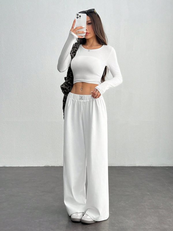 Women Casual Letter Printed Elastic Waist Loose Wide Leg Pants