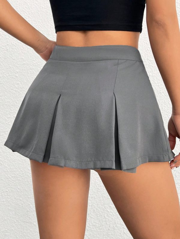 Women'S Solid Color V-Shaped Waistband Pleated Mini Skirt