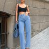 Women's Solid Color Wide Leg Denim Pants With Slanted Pockets