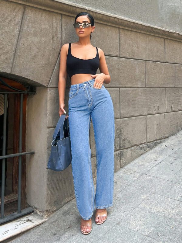Women's Solid Color Wide Leg Denim Pants With Slanted Pockets