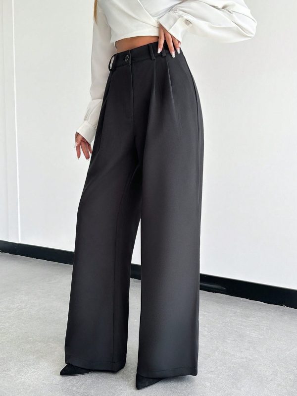 Solid Slant Pocket Wide Leg Suit Pants