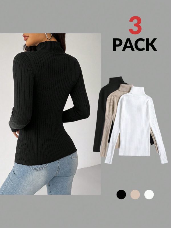 3pcs Turtle Neck Ribbed Knit Sweater