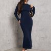 Solid Color Pleated Waist Black Long Sleeve Dress
