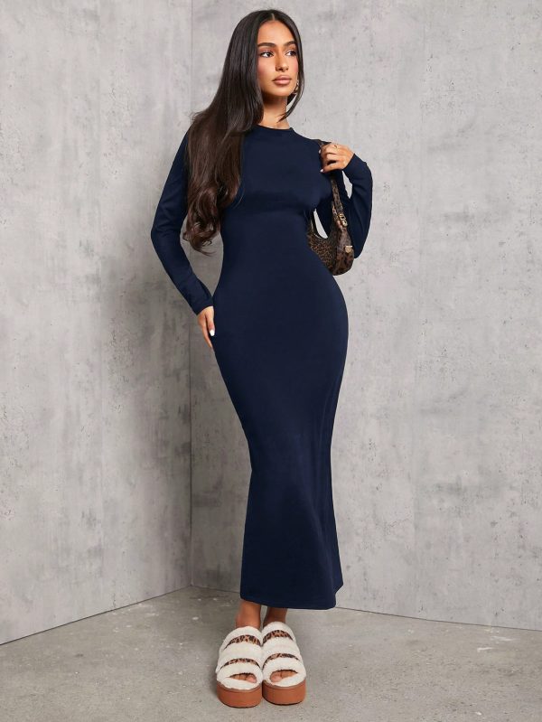 Solid Color Pleated Waist Black Long Sleeve Dress